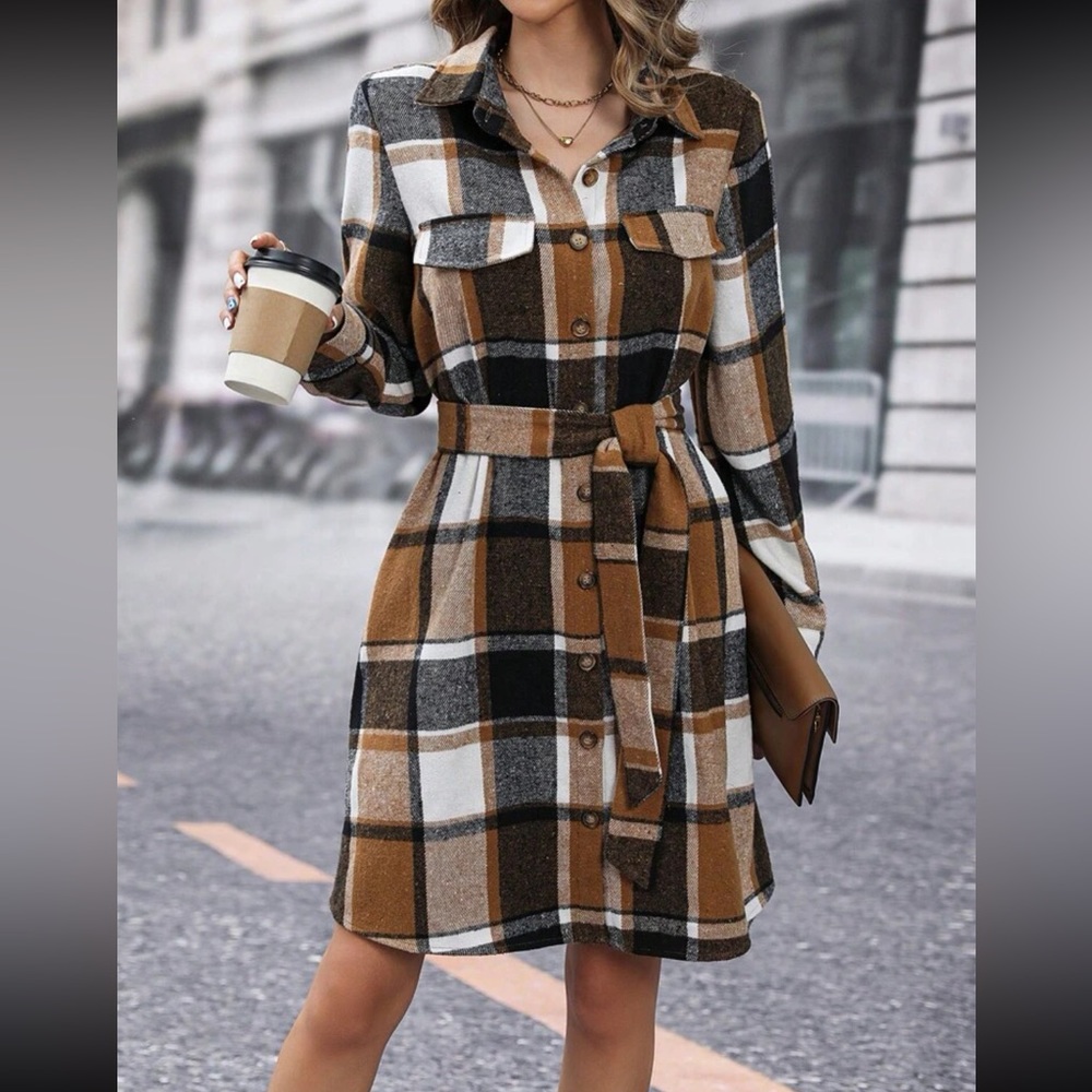 Classic Elegant Plaid Check Print Shirt Belted Dress - Picture 3 of 6